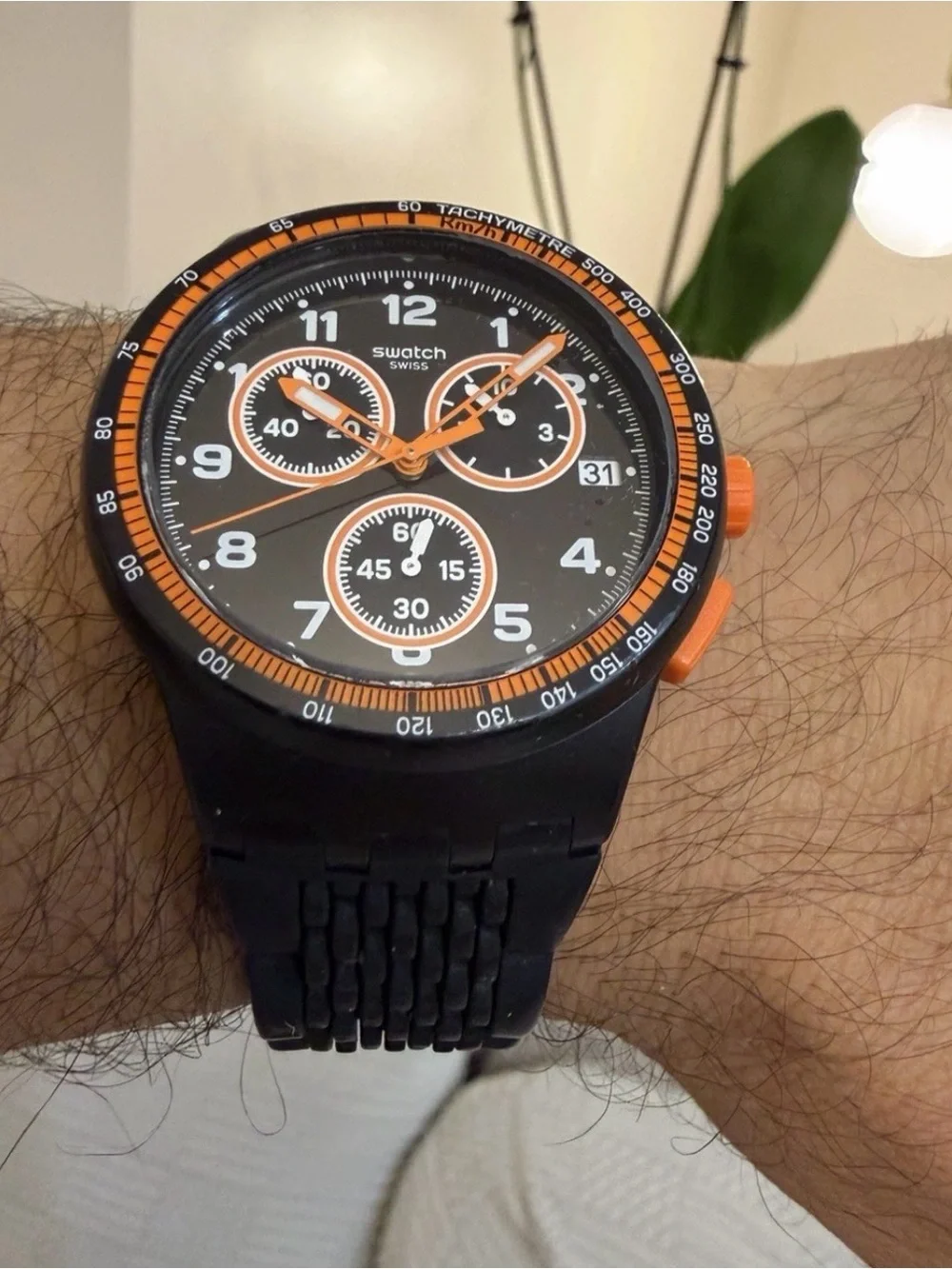 Swatch Nerolino Chronograph Men Watch SUSB408 Black Orange 4 Jewels Swiss Made